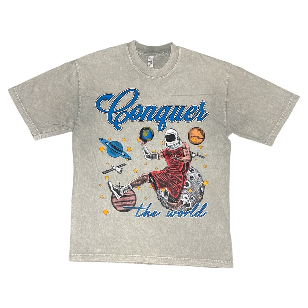 NWT Custom Grey Conquer the World Graphic Short Sleeve T-Shirt Space Basketball